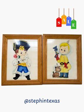 Vintage Child Art Paintings Pirate Astronaut Set Framed Watercolor Signed
